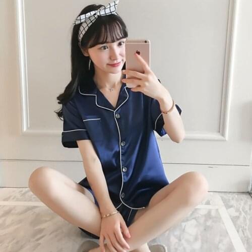 Summer Women Faux Silk Pajamas Set 2pcs Simple Pure Color Nightwear Short Sleeves Sleepwear For Girl