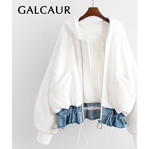 GALCAUR Casual Outerwear Jackets For Women Drawstring Hooded Collar Long Sleeve Patchwork Denim Colorblock Coat Female 2021 Fall