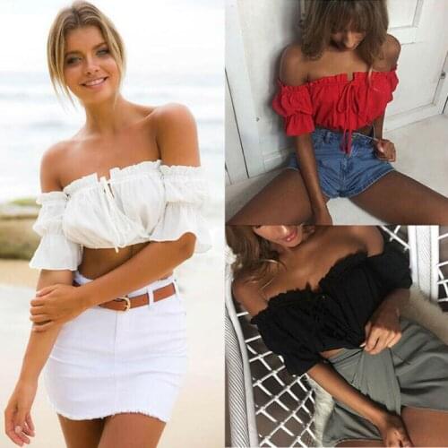 Summer Women Girl Sexy Short Sleeve Boat Neck Off-shoulder Tube Crop Bandeau Tops Off Shoulder T-Shirt Strapless Bra Tank Vests