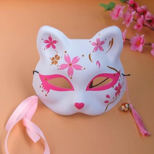 Cherry Blossom Cat Mask Japanese Style Cosplay Costume Party Half Face Masks With Tassels Bell Masquerade Accessories