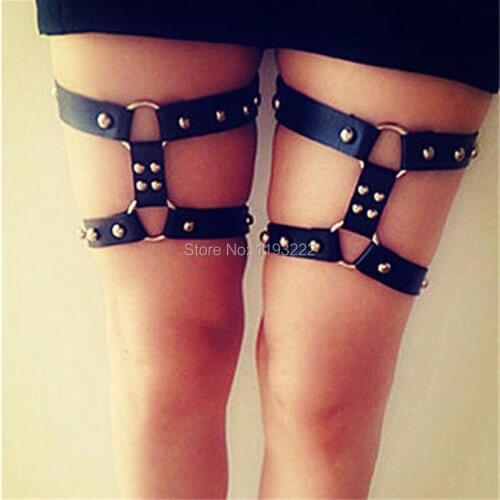 Fashion Harajuku Handcrafted Studded Thigh High Over Knee Leather Leg Garter Belt Harness Suspenders