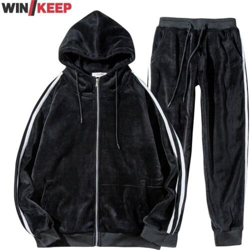 Outdoor Fitness Mens Running Sets New 2021 Winter Warm Fleece Liner Tracksuit Men Velvet Hooded Jacket Sweatpants Two Piece Set
