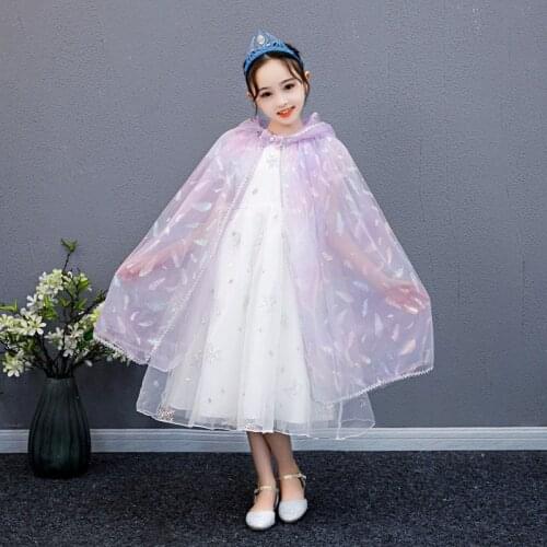 Girl Cosplay Cloak Frozen Elsa Costumes Mesh Tulle Hooded Cape Kid Princess Birthday Party Halloween Performance Outfits Clothes