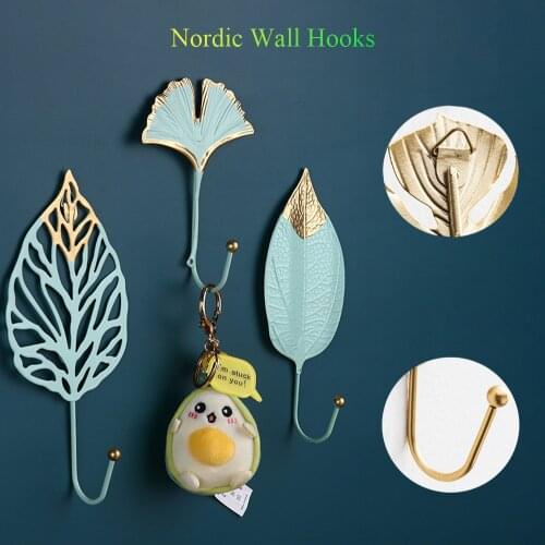 Nordic Wall Hooks For Hanging Clothes No-punch Wall Hanger Coat Key Hook Iron Art Wall Decorations Golden Leaves Home Storage