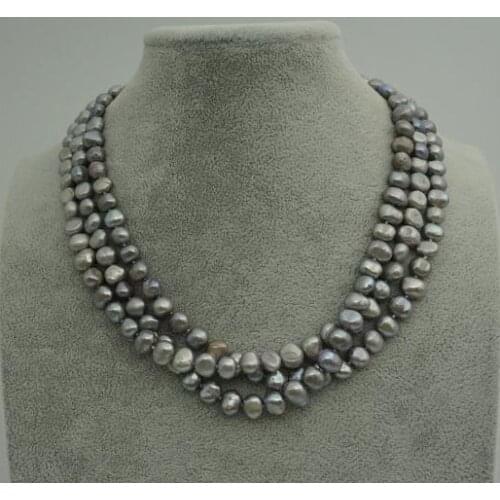 Natural Pearl Jewelry Gray Color 3 Rows Genuine Freshwater Pearl Necklace Woman Fashion Jewelry ,Love,Mothers Day Gift