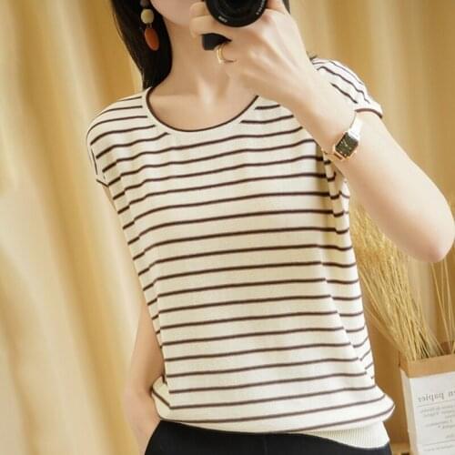 New style ladies short-sleeved knitted cotton T-shirt striped slim fashion pullover plus size loose independent ladies top