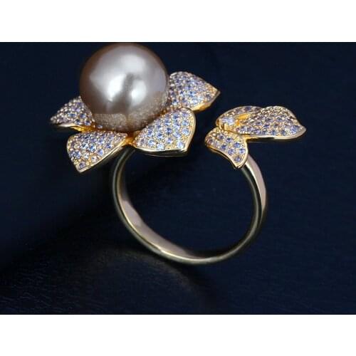 New Arrivals Flower Shape Adjustable Open Pearl Ring Cubic Zirconia High Quality Christmas Gift Elegant Bridal Wedding Jewelry