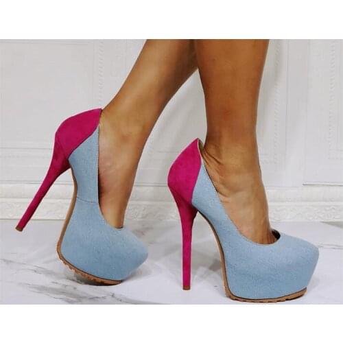 Drop Shipping Woman Fashion Blue Jeans Pink Patchwork Shallow Slip On Platform Pumps Female Sexy Night Club Super Heels Shoes