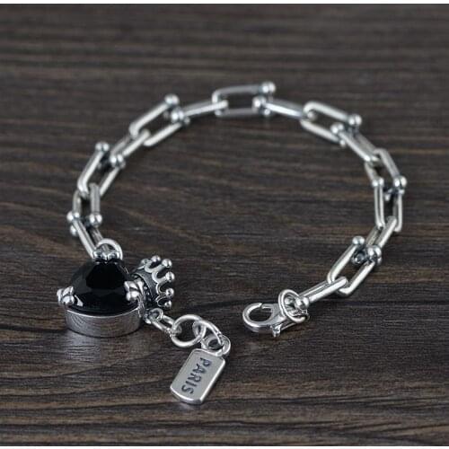 S925 Silver Retro Thai Silver Necklace Chain Wholesale Female Models Crown Inlaid Synthetic Zircon Peach Heart Bracelet