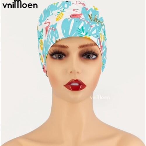 New Carton Print Scrub Cap Working Hat Women Men 100% Cotton Tieback Inner Forehead Towel Plastic Beautician Chef Cooking Caps