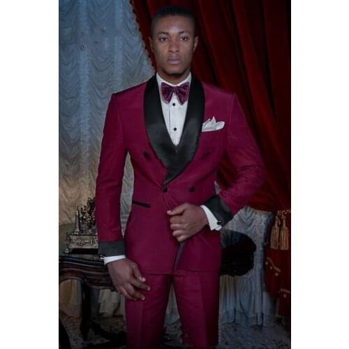 Burgundy Groom Tuxedos Double-Breasted Men Wedding Tuxedos Shawl Lapel Jacket Blazer Fashion Men Dinner(Jacket+Pants+vest) terno