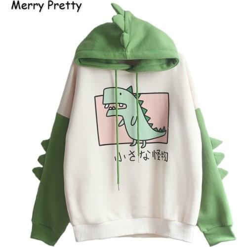 Merry Pretty Women Dinosaur Sweatshirts Hooded Warm Fleece Hoodies Pullovers With Horns Harajuku Hooded Girls Teens Green Hoodie