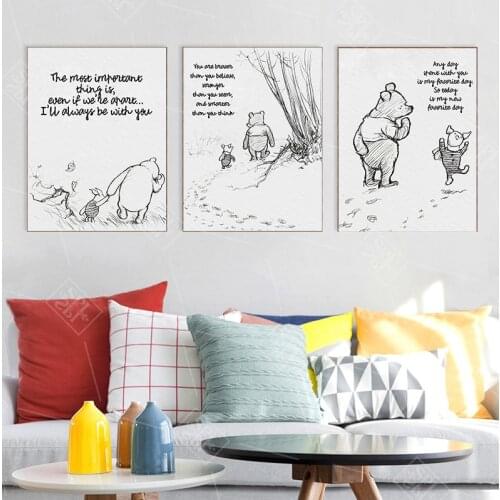 Winnie The Pooh Quotes Canvas Posters and Prints Classic Cartoon Movie Art Painting Black White Picture Kids Room Wall Art Decor