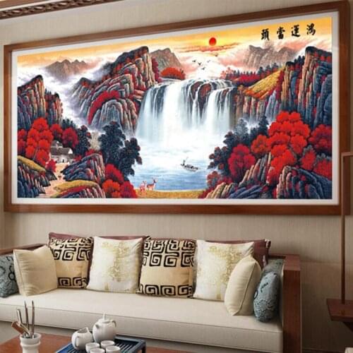 Embroidery Red tree Scenery Cotton Thread Painting DIY Needlework Kits 11CTGood Luck, Flowing Water Makes Money Home Decoration