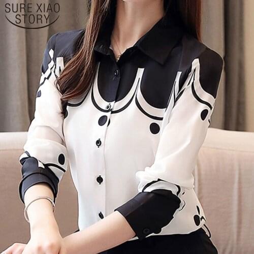 Spring Summer Print Chiffon Blouse Tops Casual Single Breasted Long Sleeve Shirts for Women Office Female Vintage Shirt 5499