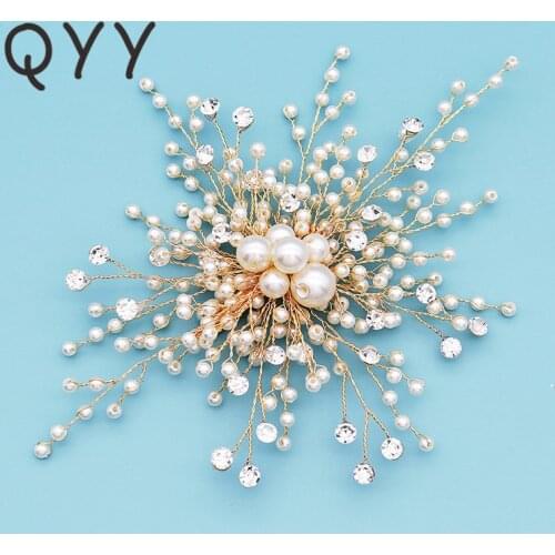 QYY Crystal Rhinestones Pearls Women Hairpins Handmade Women Hair Ornaments Headpieces Wedding Hair Clips Accessories Jewelry