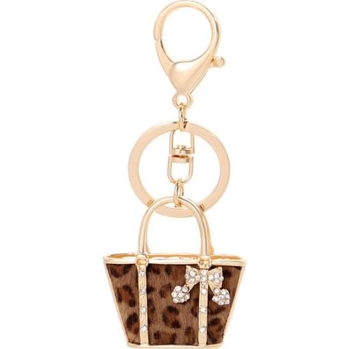 2021 New Creative Leopard Handbag Shape Crystal Bow Keychain Exquisite Car Holder Bag Pendant Women Gift Trinket Metal Keyring
