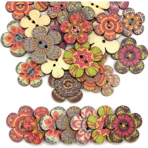 50pcs Flower Shape Wooden Buttons Retro Printed Sew Button For Clothing Decorative Scrapbooking Garment Accessories 20/25MM