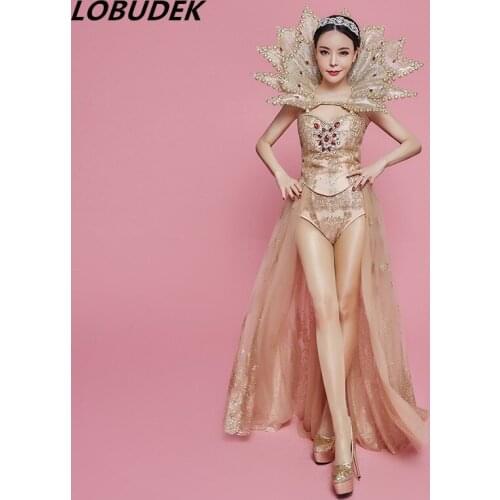 Gold Rhinestones Bodysuit Lady High-end Luxurious Outfit Models Catwalk Dance Costume Star Birthday Party Bar Singer Stage wear