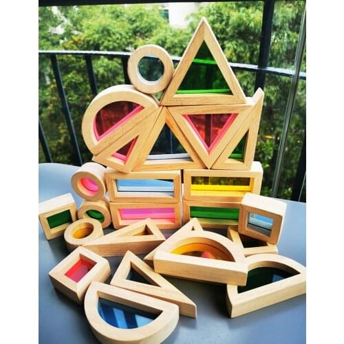 24pcs Kids Big Wooden Toys Sensory Rainbow Blocks Solid Rubber Wood Stacking Acrylic Buliding Blocks Creative Educational Toy