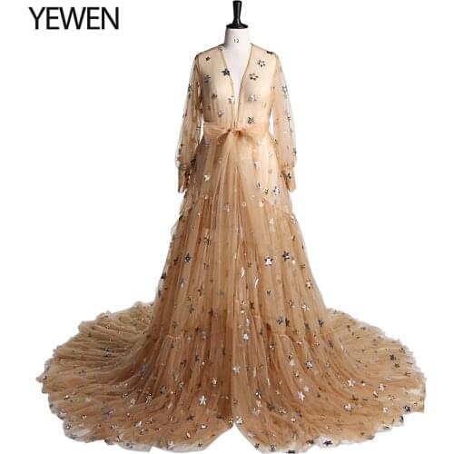 Elegant Sparkle Stars Maternity Robe Long Sleeves See Through Photo Shoot Dress Evening Gown for Baby Showers Plus Size
