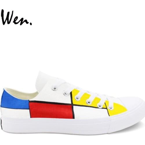 Wen Unisex Canvas Hand Painted Design Shoes Plaids Color Matching Low Cut Lace Up Mondrian Sneakers Young People Sport Zapatos