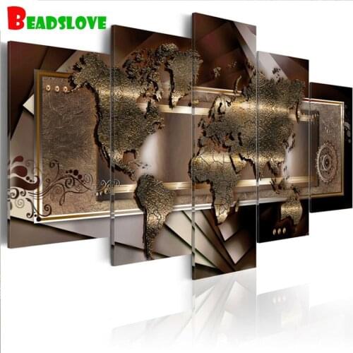 Full Square Round 5D DIY Diamond Painting 5 Panel Wall Art World Map Diamond Embroidery Cross Stitch Diamond Mosaic decor