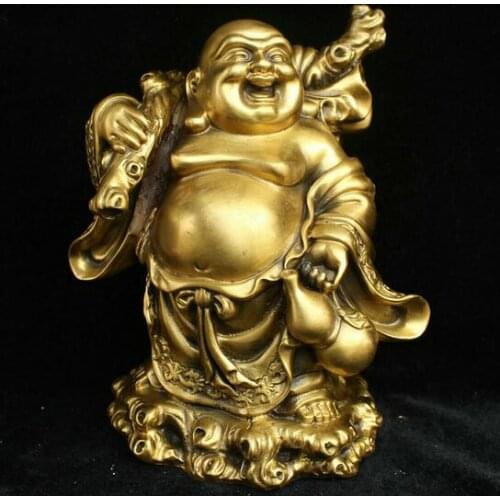 China Buddhism Bronze Brass Money bag Gourd Happy Laugh Maitreya Buddha Statue