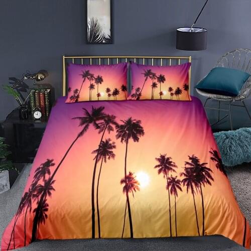 Nature Bedding Set 3D Digital Printing Beach Coconut Grove Summer Vacation Bedroom Sunset Quilt Cover Pillowcase Bedding Kit