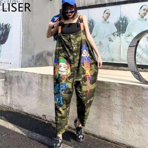 Autumn Fashion Cartoon Pattern Camouflage Denim Jumpsuit Women 2021 New Loose Large Size Sling Jumpsuit LL300