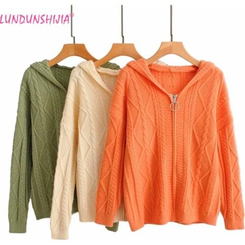 LUNDUNSHIJIA 2019 Spring Autumn Women Orange Knitting Hooded Cardigan Sweaters Ladies Zipper Decoration Loose Outwear Cardigans
