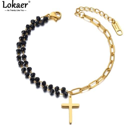 Lokaer Fashion Stainless Steel Black Crystal Chain Bracelets For Women Girls Bohemia Party Cross Charm Bracelet Jewelry B21070