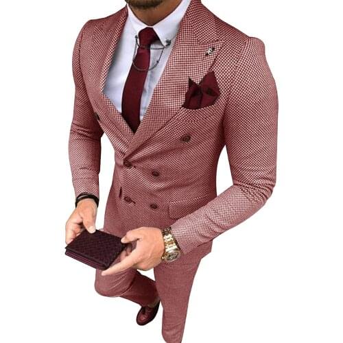 Mens Suit Grey Formal 2 Pieces Slim Fit Double breasted Plaid Soft Wool Tweed Prom Tuxedos Wedding Groomsmen (Blazer+Pants)