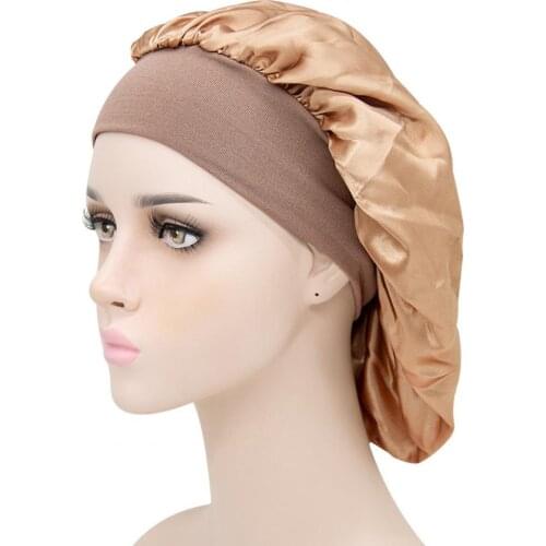 New Woman Styling Caps Sleep Hat Hijabs Muslims Wide Head band Elastic Satin Stretchy Hair Bonnet Unisex Hat Hair Care