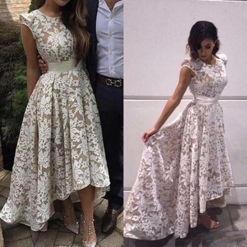 New Elegant Cap Sleeves High low Evening Dresses White Champagne Lining Lace Appliques Formal Party Prom Gowns Custom