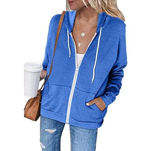 Solid Color Long Sleeve Hooded Sweater Fashion Drawstring Zipper Cardigan Top With Pocket Autumn Clothes For Women Wholesale