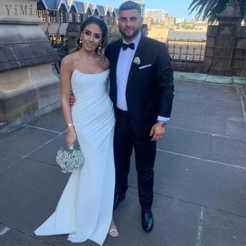 YiMinpwp Ivory Mermaid Bridesmaid Dresses Strapless Long Sleeve Side Split Sweep Train Pleats Wedding Guest Party Gowns