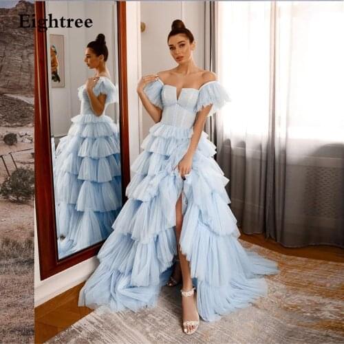 Eightree 2021 Sky Blue Ruffled Long Tulle Cake Evening Dresses A Line Sleeveless Tiered Floor Length Prom Ball Gowns