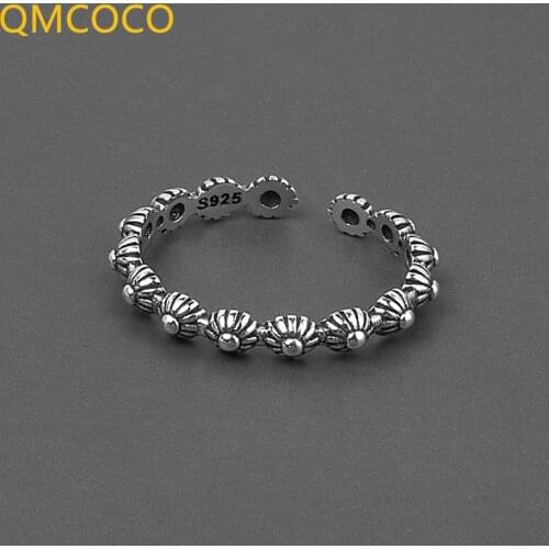 QMCOCO 925 Silver Flower Vintage Trendy Rings Japan-Korea INS Simple Adjustable Handmade Ring Fashion Fine Jewelry Accessories