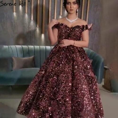 Serene Hill France Pink Off Shoulder Luxury Evening Dress 2020 Sleeveless Sequins Sparkle Formal Party Gown CHA2093