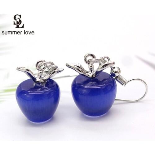 Lovely Fruit Apple Earrings Fashion Blue Pink Opal Stone Dangle Drop Earring Women Silver Color Ear Jewelry 2021