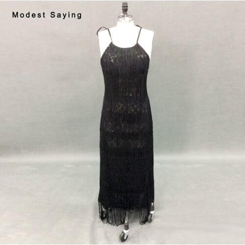 Fabulous Black Lace Evening Dresses 2018 Featuring Tassel Ankle-Length Evening Gowns Women Party Prom Gowns vestidos de festa