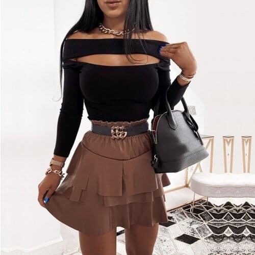 Autumn Fashion Women PU Leather Skirt Ruffles Mini Bodycon Skirts Ladies K-POP Streetwear Punk Sexy Club Ruffles Skirt