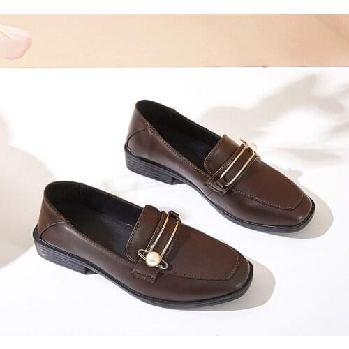 2020 Spring Autumn Women Shoes Woman Solid Black Leather Square Heels Slip On Loafers Metal Buckle Moccasins Casual Shoes Female