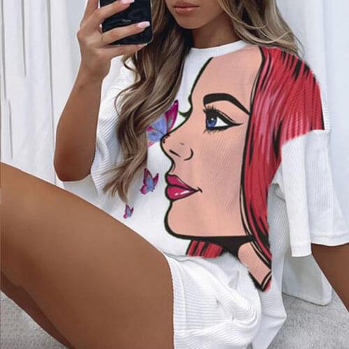 Beauty Butterfly Print White Loose Two Piece Set Women O Neck T Shirt Short Sleeve Sport Shorts Suit Casual Summer Plus Size New