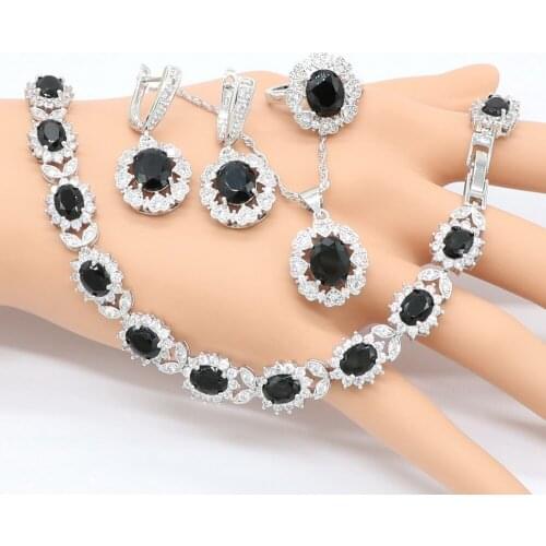 Black Cubic Zirconia Crystal White Zirconia Silver Bridal Jewelry Sets For Women Necklace Pendant Earrings Rings Bracelets