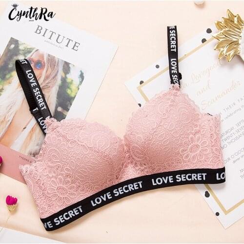 CYNTHRA Womens Underwear New Lace Letter Printing Push Up Bralette Adjustable Wireless Bra Breathable Cute Lingerie For Women