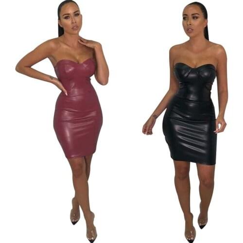 New Backless Pu leather Dress Women Low Cut Push Up Padded Tight Party Dress Sexy Night Club Wear Bodycon Dresses Vestidos