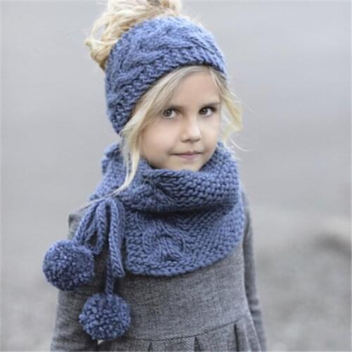 Winter Knitted Thicken kids hats Kids Girls Fashion Fat with scarf set with ball Cute baby knitted hat Beanie HT19041