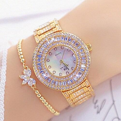 2021 Gold Watch Women Famous Brand Diamond Quartz Ladies Watches with Big Dial Fashion Golden Rhinestone Gifts Women Watches
